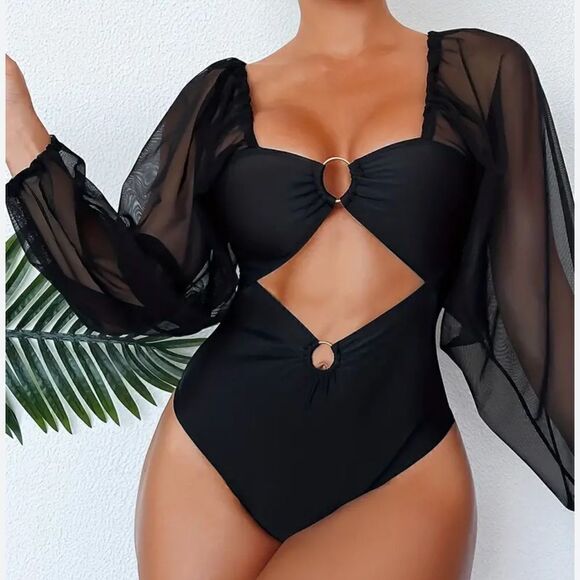 One Piece Swimsuit Mesh Sleeves V Neck Cutout Tummy Control 1XL - Picture 2 of 13